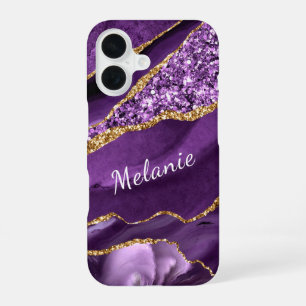 Name Text Agate Purple Violet Gold Glitter Marble iPhone 16 Case
