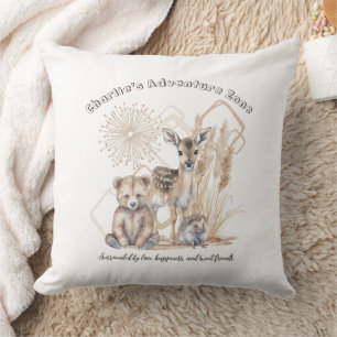 Name Text Boho Woodland Forest Animal Neutral Throw Pillow