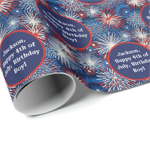 Name Text Red Blue White 4th of July Birthday Wrapping Paper