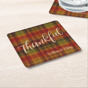 Name, Thankful Rich Autumn Plaid Pattern Square Paper Coaster