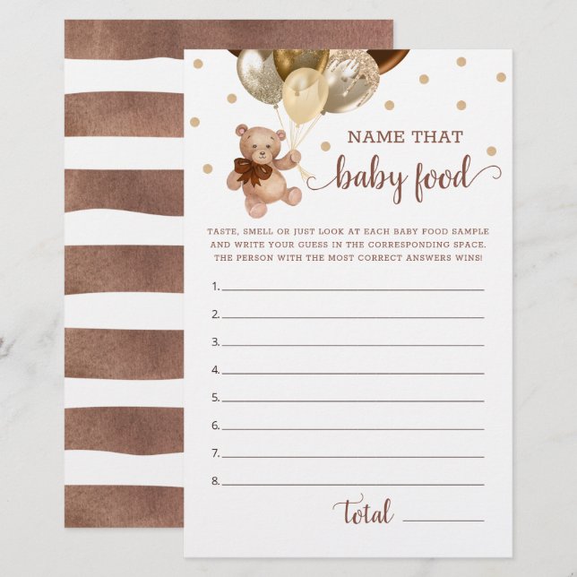 Name That Baby Food Game Baby Shower Teddy Bear  (Front/Back)