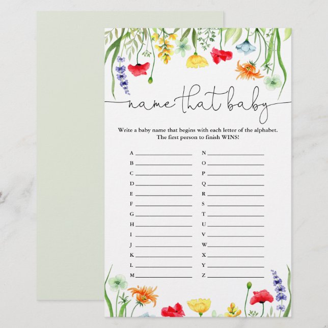 Name that baby game colourful wildflowers (Front/Back)