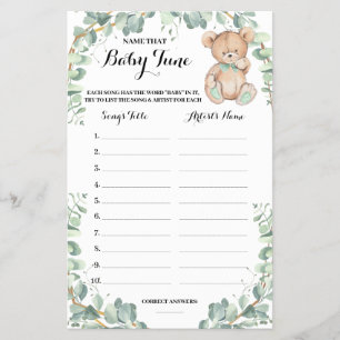 Name that Baby Tune Bear Greenery Shower Game Card