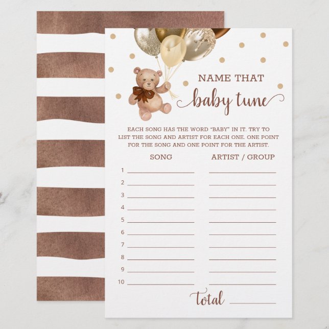Name That Baby Tune Game Baby Shower Teddy Bear  (Front/Back)