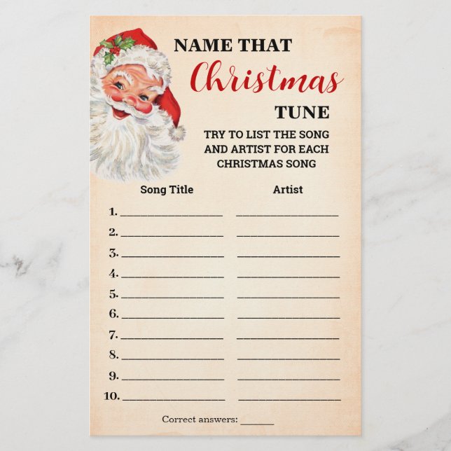Name that Christmas Tune Santa Game Card (Front)