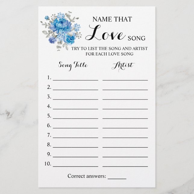 Name that Love Song Blue Flower Game Card (Front)