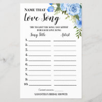 Name that Love Song Bridal Shower Blue Game Card
