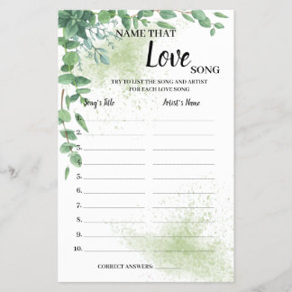 Name that Love Song Eucalyptus Shower Game Card