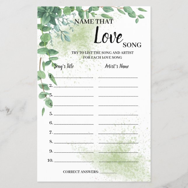 Name that Love Song Eucalyptus Shower Game Card (Front)