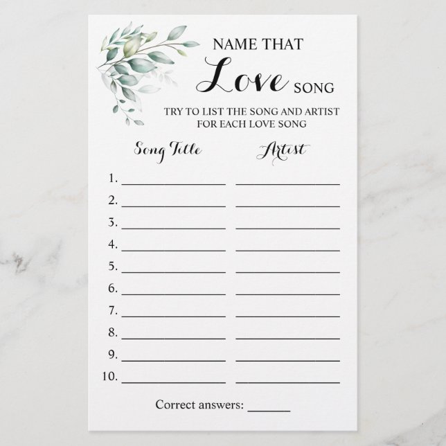 Name that Love Song Greenery Eucalyptus Game Card (Front)