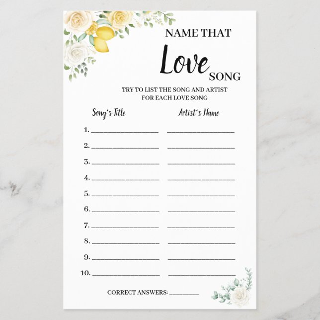 Name that Love Song Lemons&Roses Shower Game Card (Front)