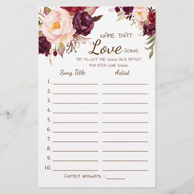 Name that Love Song Marsala Flowers Game Card (Front)