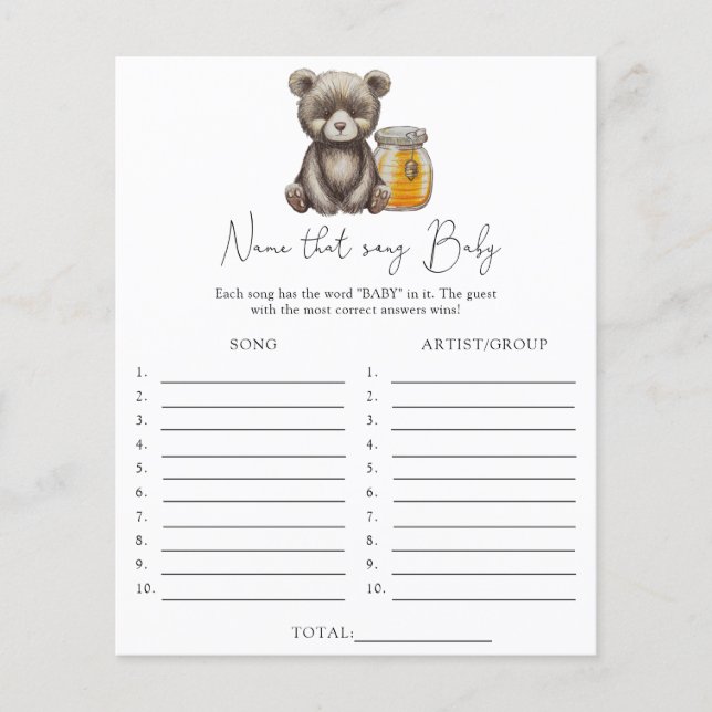Name that song \ Bear theme baby shower game (Front)
