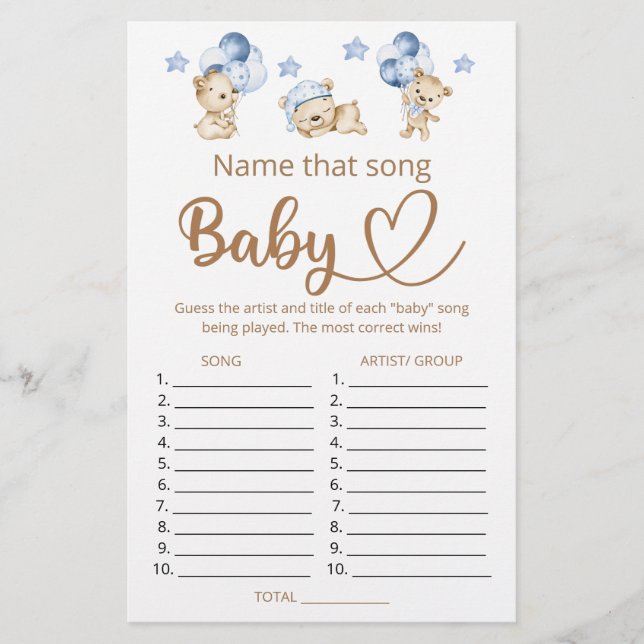 Name that song boy baby shower game (Front)