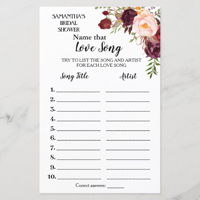 Name that song bridal shower english spanish game (Front)