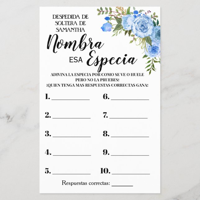 Name that Spice Bridal Shower Bilingual game card (Back)