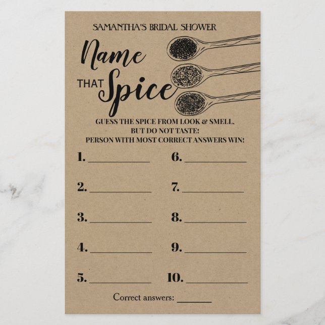 Name that Spice bridal shower game english spanish (Front)