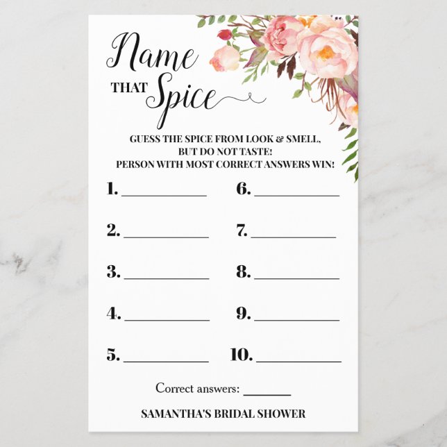 Name that Spice Bridal Shower Pink Game Card (Front)