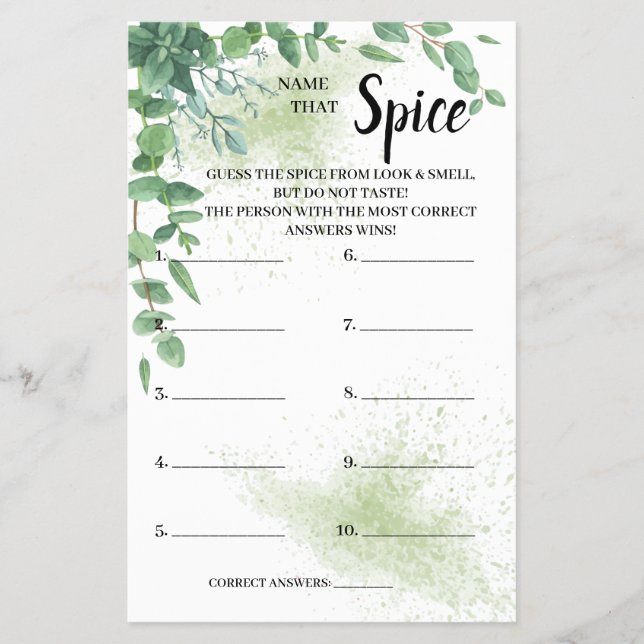 Name that Spice Eucalyptus Bridal Shower Game Card (Front)
