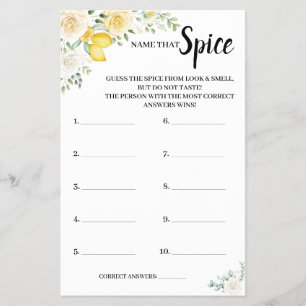 Name that Spice Lemon&Roses BridalShower Game Card