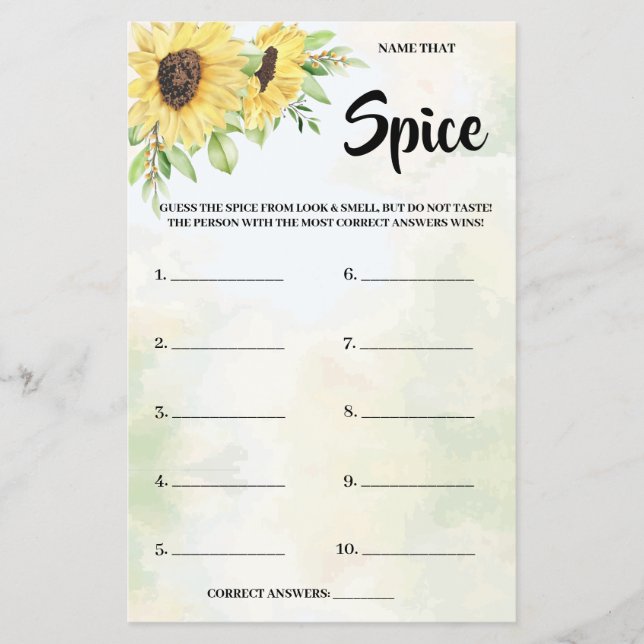 Name that Spice Sunflowers Bridal Shower Game Card (Front)