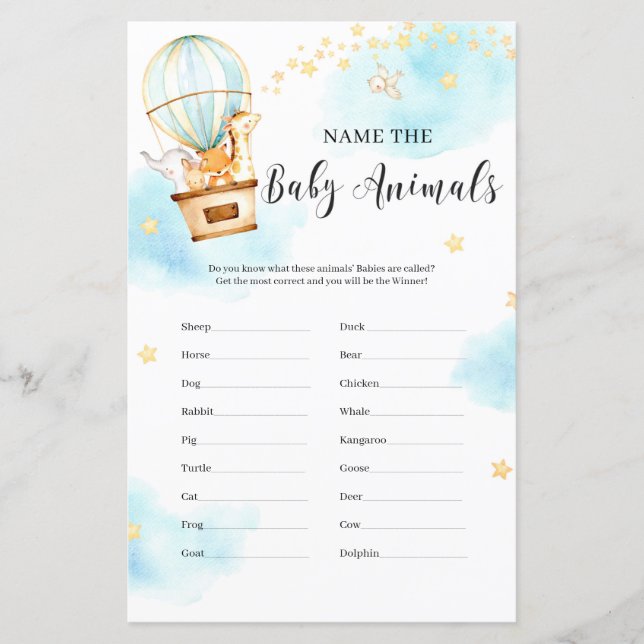 Name the baby animals Baby Shower game animals (Front)
