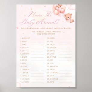 Name the baby animals boho teddy bear baby shower poster