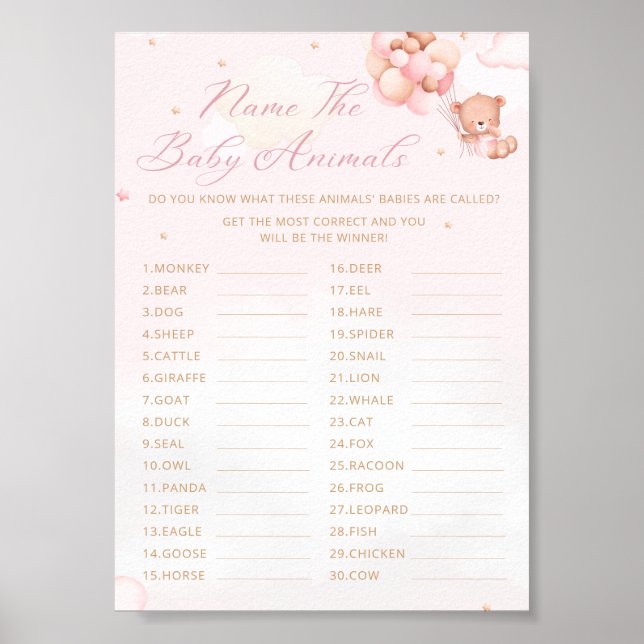 Name the baby animals boho teddy bear baby shower poster (Front)