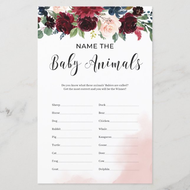 Name the baby animals burgundy navy floral game (Front)