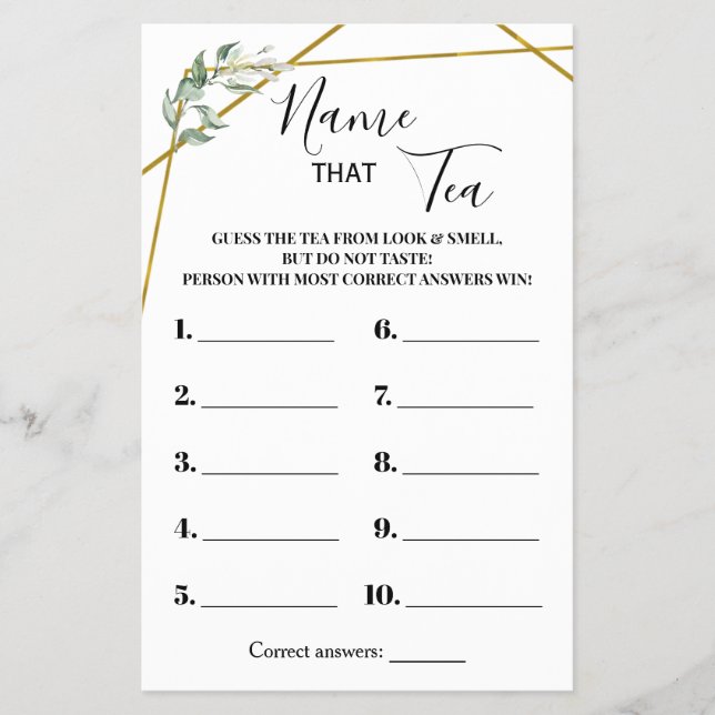Name the Tea Greenery Gold Bridal Shower Game Card (Front)