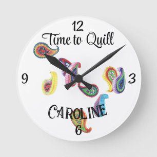 Name, Time to Quill, Colorful Paisley 8-in Round Round Clock