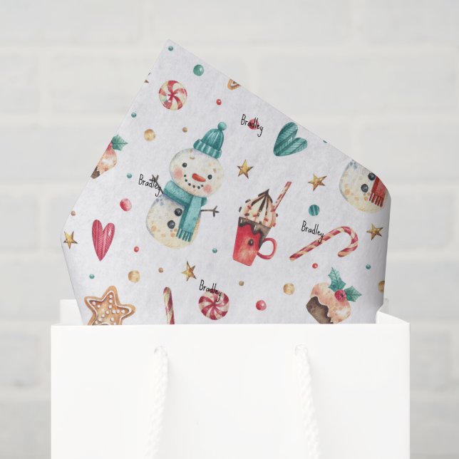 Name, Tissue Paper Candy Snowman Christmas Pattern (Gift Bag)