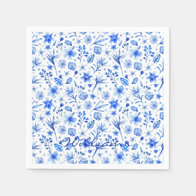 Name Tropical Flowers Cobalt Blue Cocktail Napkin (Front)