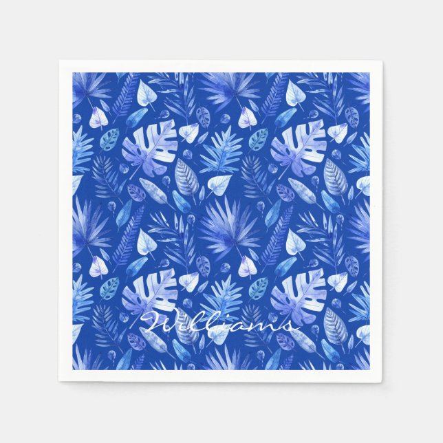 Name Tropical Leaves Cobalt Blue Standard Cocktail Napkin (Front)