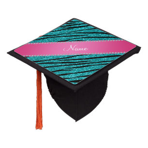 Name turquoise glitter zebra stripes pink stripe graduation cap topper