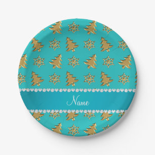 Name turquoise gold christmas trees snowflakes paper plate