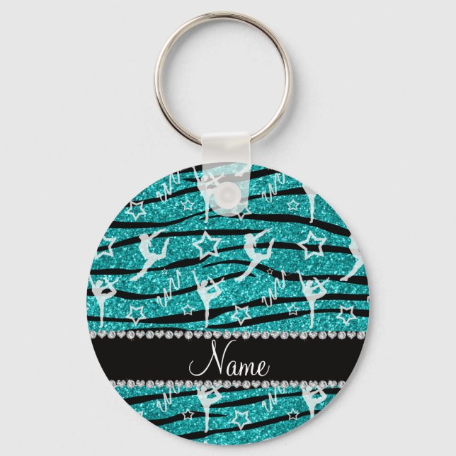 Name turquoise gymnastics glitter zebra stripes keychain (Front)