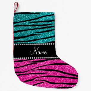 Name turquoise neon hot pink glitter zebra small christmas stocking