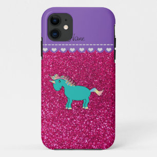 Name turquoise unicorn neon hot pink glitter iPhone 11 case