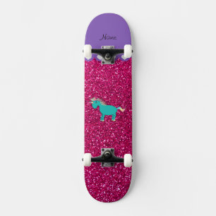 Name turquoise unicorn neon hot pink glitter skateboard
