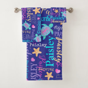 Name turtle seastar pattern pink blue aqua coral  bath towel set