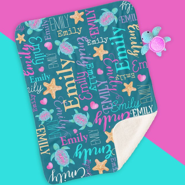 Name turtle seastar pattern pink purple coral  sherpa blanket (Creator Uploaded)
