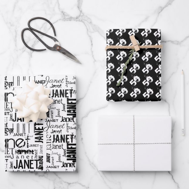 Name Typography Black White Word Cloud 50th Wrapping Paper Sheet (Front)