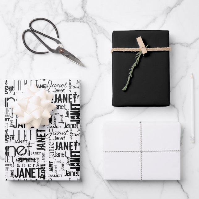 Name Typography Black White Word Cloud  Wrapping Paper Sheet (Front)