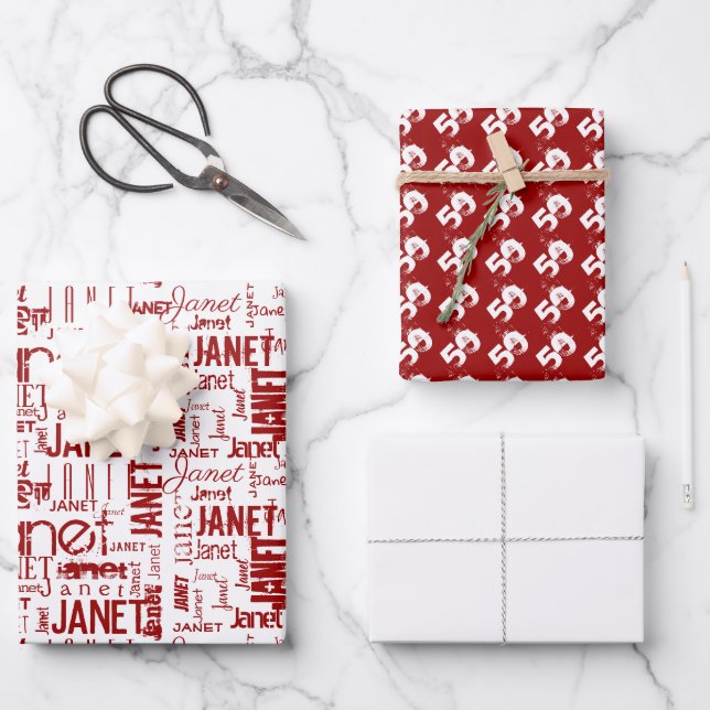 Name Typography Red White Word Cloud 50th  Wrapping Paper Sheet (Front)