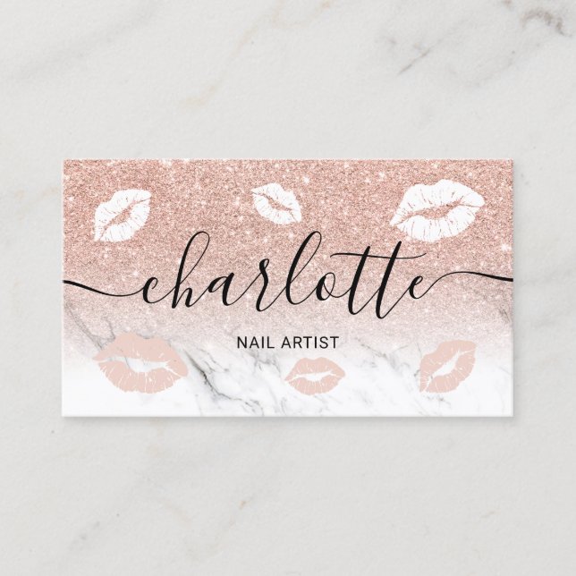 Name typography rose gold glitter marble lips business card (Front)