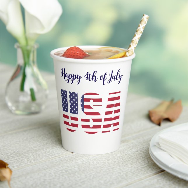 Name, USA Flag Stencil Happy 4th 8oz or 12oz Party Paper Cups (Insitu)