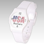 Name, USA Stars & Stripes White Silicone Strap Watch<br><div class="desc">Best price! USA flag stencil design on this trendy watch with a sporty white silicon buckle strap and personalized name. Easily change name,  replace with initials or remove using the Template provided. A clear and black strap watch are also available. The print on these watches is excellent.</div>