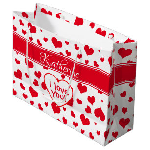 'Name'  Valentine's Day Red Random Hearts Pattern Large Gift Bag