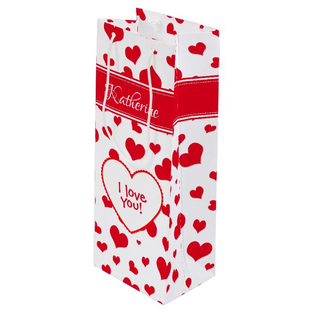 'Name'  Valentine's Day Red Random Hearts Pattern Wine Gift Bag (Front Angled)